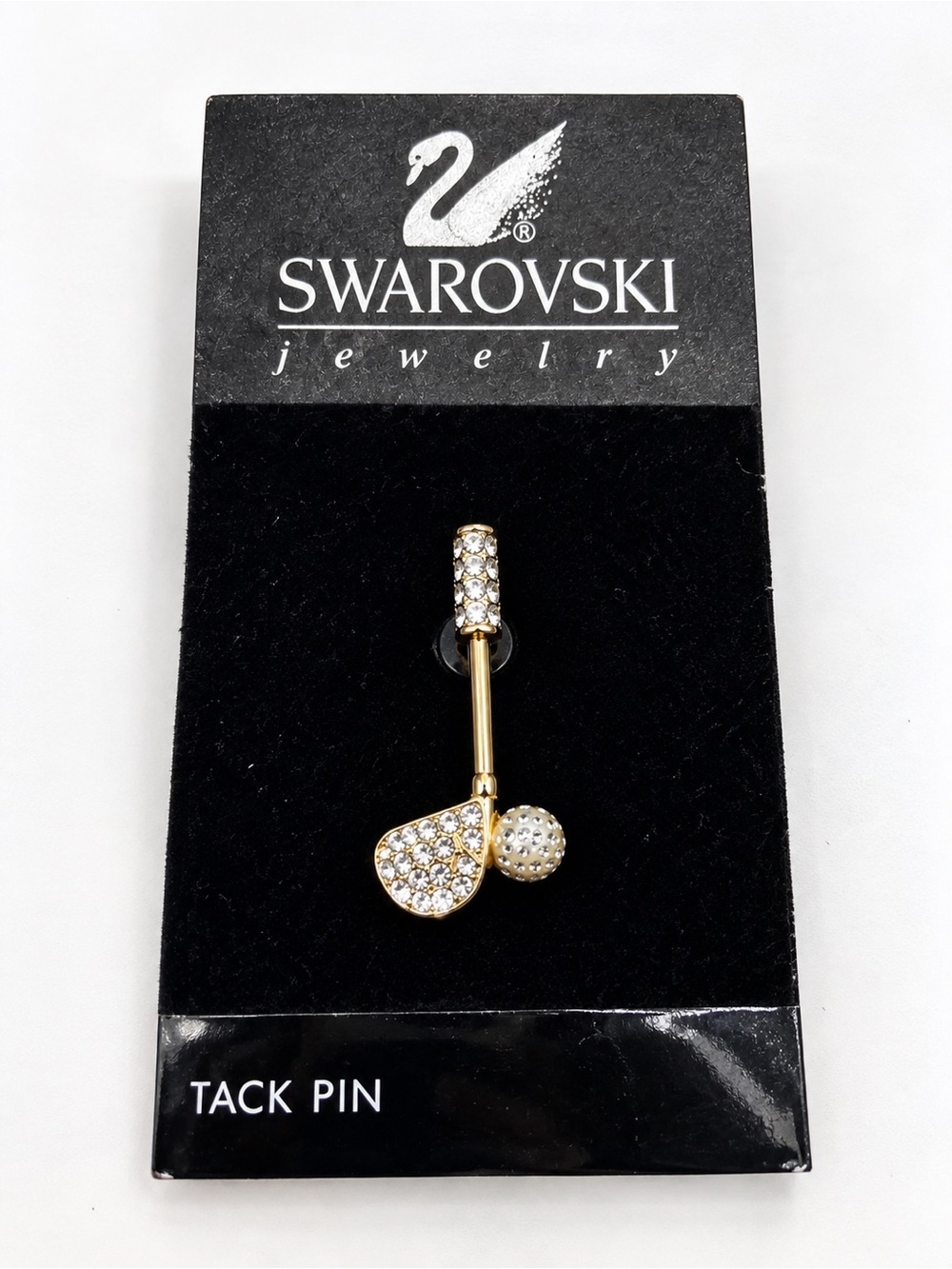 Vintage Swarovski Golf Club Ball Crystal Tack Pin Gold Tone New on Card